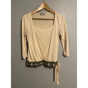 Body Central Top Womens Large White Wrap Sequin Embroidered Hem Boho Y2K READ